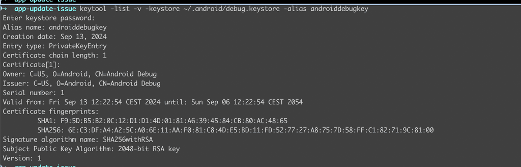 Listing fingerprints: default.keystore