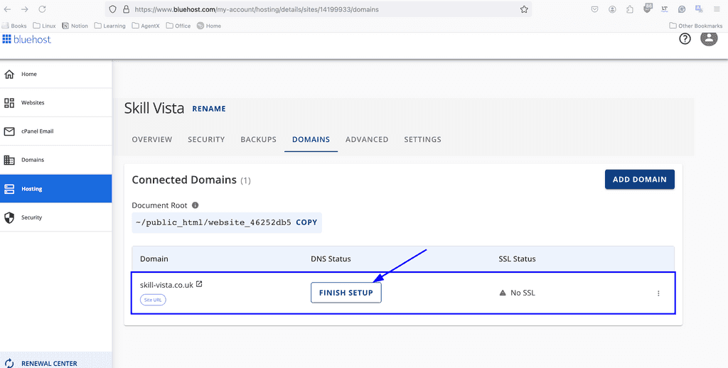 Bluehost: domains tab for DNS status - finish setup Bluehost: domains tab for DNS status - finish setup
